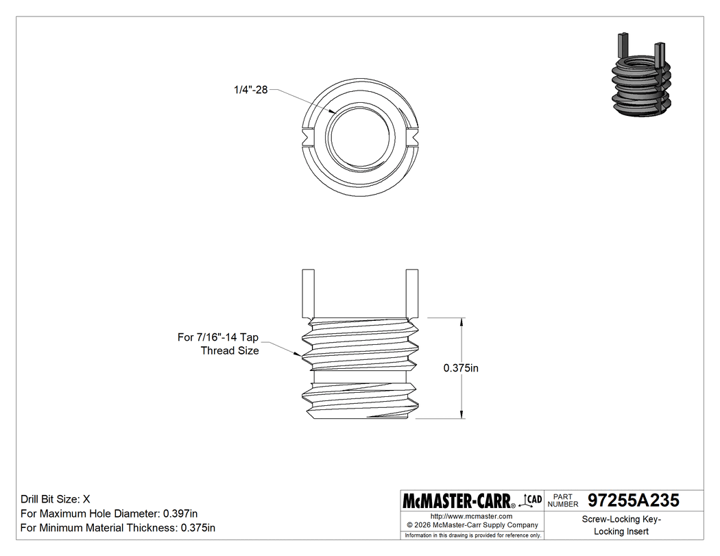 Technical Drawing of Screw-Locking Key-Locking Insert, Thin Wall, Cadmium Plated Steel, 1/4"-28 Thread, Drill Size x.